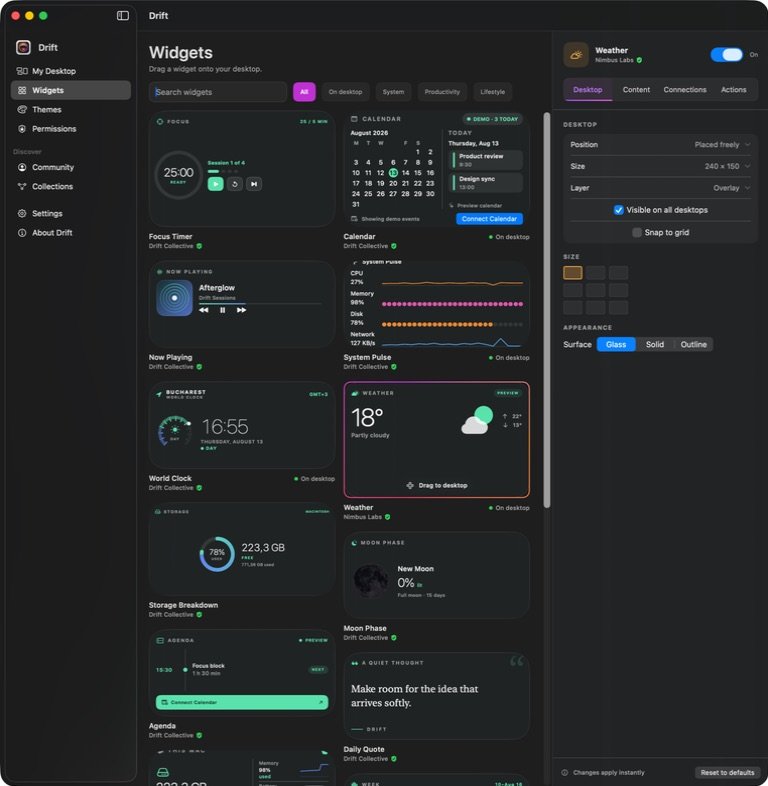 The Drift widget library — a real screenshot of the app rendering live widgets